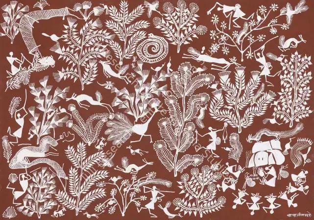 Mashe, Balu Jivya (Artist). Untitled (Warli). Geru and acrylic on cloth, 2020 | Tapestry/Textile | EconomicsArt | 00891997