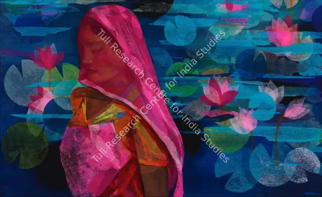 Bharadwaj, Shalini (Artist). The Lotus Veil. Japanese silk tissue paper collage and acrylic on canvas, n.d. | Painting | EconomicsArt | 00891744