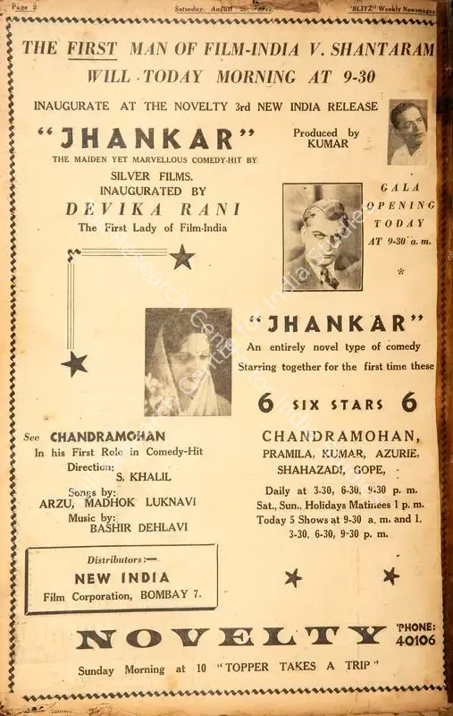 "Jhankar" . In <i>Blitz - Weekly News Magazine.</i> p. 2. Bombay: R.K. Karanjia, 29 August 1942 | Film Review | CinemaEducation | 00142537