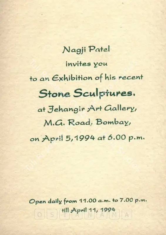 Patel, Nagji (Artist). Nagji Patel - Exhibition of his Stone Sculptures. Bombay: Jehangir Art Gallery, 1994 | Solo Exhibition Invitation | FineArts | 00859457