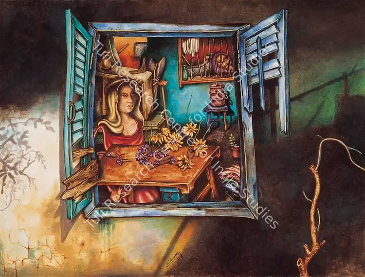 Cherian, Milburn (Artist). Woman In Window. Coloured inks on paper, 1998 | Drawing | FineArts | 00371927