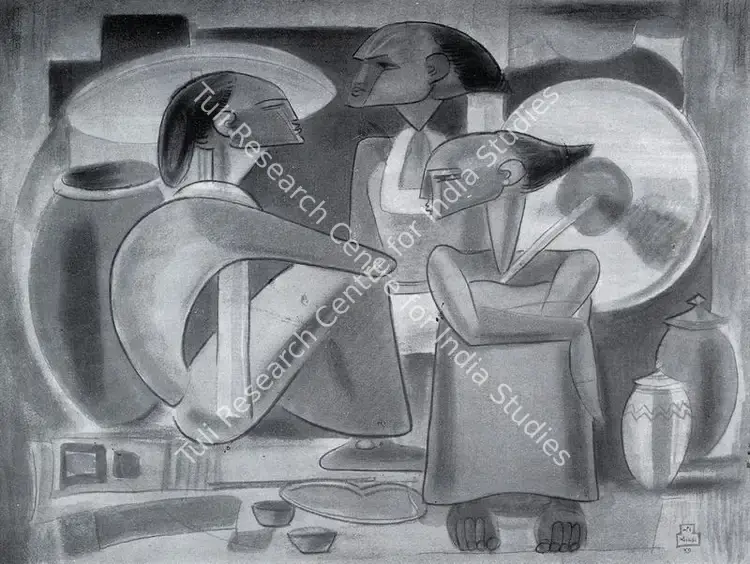 Chavda, Shiavax (Artist). Bazar Scene, South India. Tempera and Chalk, 1947 | Marg, July 1947 | Painting | FineArts | 00673741