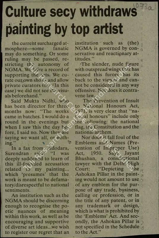 Narayanan, Renuka (Reporter). Paranoid and Prude, babus Kill a Premier national Art Exhibition - One Painting banned, all Artists Pull out. New Delhi: The Indian Express, 02 September 2000 | Newspaper Clipping | FineArts | 00850461