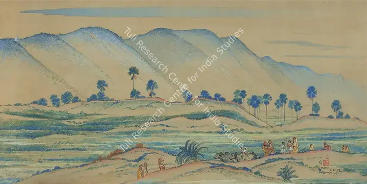 Dugar, Indra (Artist). A Raja Griha Landscape. Tempera on tussar silk pasted on paper, 1953 | Painting | FineArts | 00642109