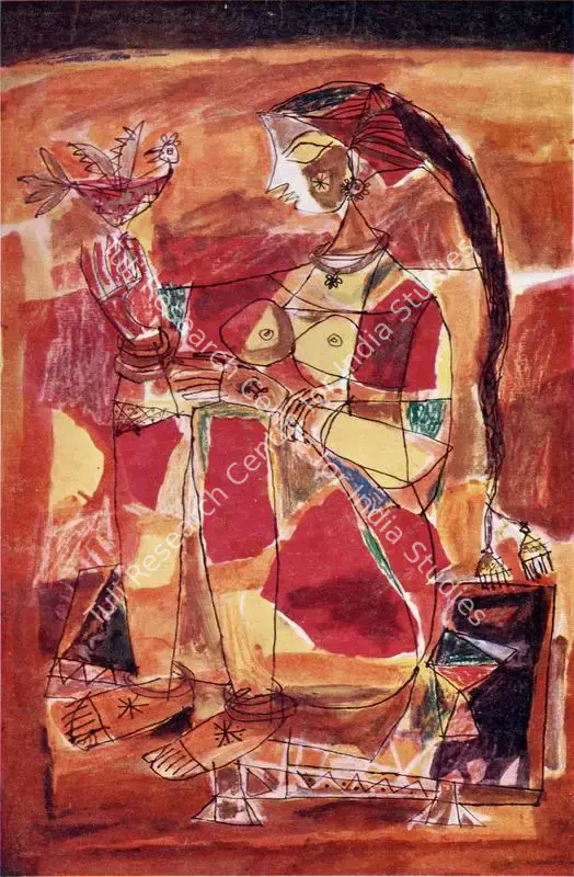 Rajavelu, S.K. (Artist). Girl with Bird . Ink and water colour , n.d. | Lalit Kala Contemporary, 1968 | Painting | FineArts | 00535308