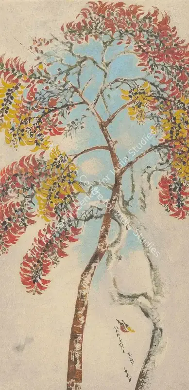 Dey, Manishi (Artist). Untitled (Flowering Palash Tree). Gouache and oil on board, 1965 | Painting | FineArts | 00641645
