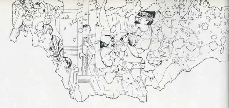 Unknown (Artist). Demons Besieging the Door of a Vihara. Early 5th Century | Marg, March 1956 | Drawing | FineArts | 00674743