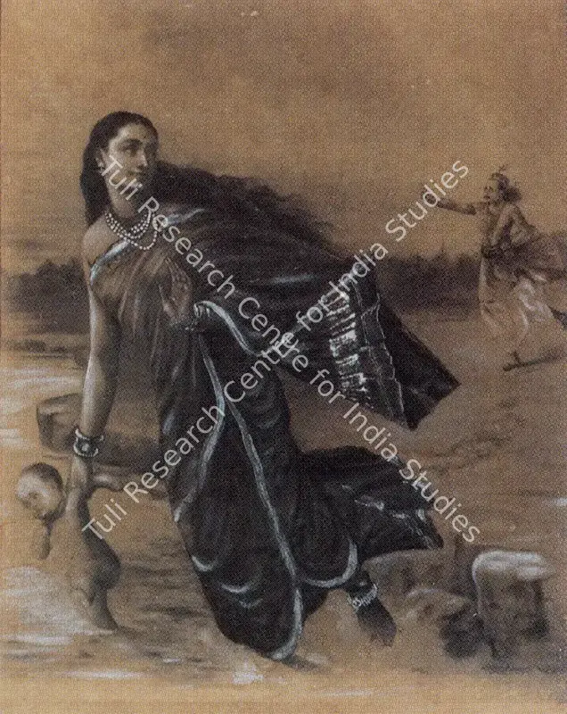 School of Raja Ravi Varma (Artist). Bheeshmachari Gangai and Santanu. watercolour on card, n.d. | Painting  | 00877622