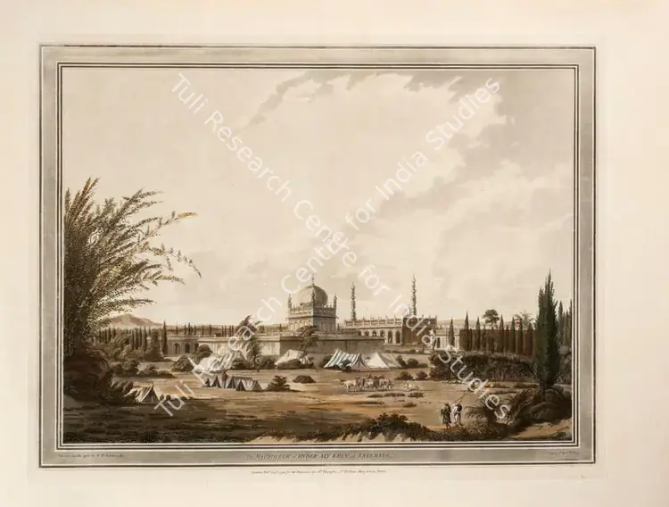 Edy, John William (Engraver). The Mausoleum of Hyder Aly Khan at Laulbaug. Print on paper, 01 August 1793 | Engraving, Twelve Views of Places in the Kingdom of Mysore, The Country of Tippoo Sultan, from Drawings Taken on the Spot, 1794 | ArcHeritage | 00156229