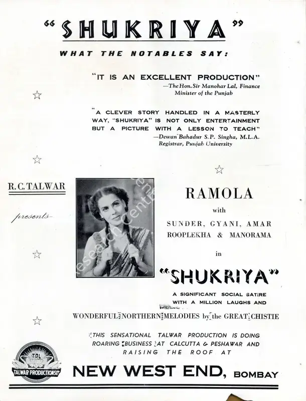 Talwar, R.C. (Producer), Shukriya, 1944 | Advertisement, Filmindia, May 1944 | CinemaEducation | 00858698