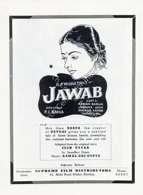 Barua, P.C. (Director), Jawab, 1942 | Advertisement, Filmindia, August 1942 | CinemaEducation | 00858488