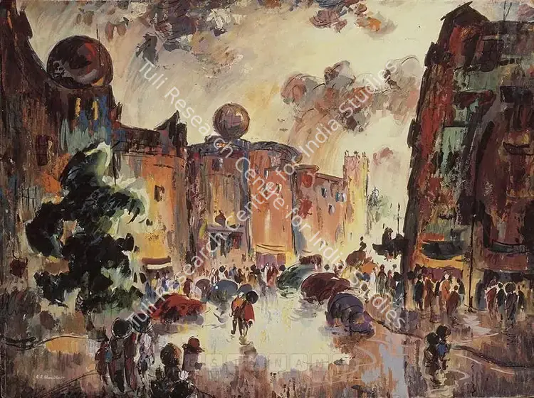 Almelkar, A.A. (Artist). Sir Pherozshah Mehta Road In The Monsoon. Oil on board, 1947 | Painting | FineArts | 00375360