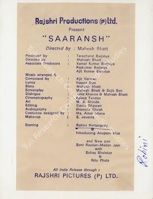 Bhatt, Mahesh (Director), Saaransh, 1984 | Song-Synopsis Booklet
