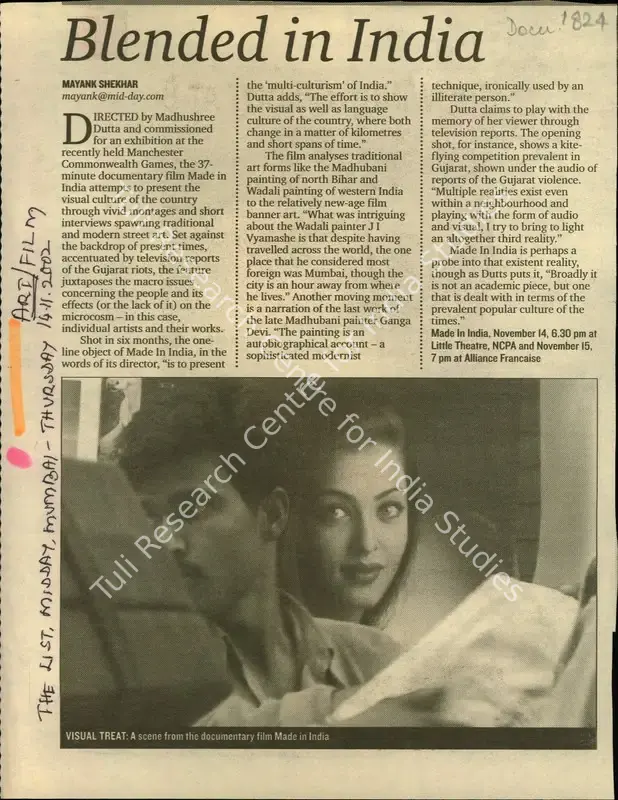 Shekhar, Mayank (Reporter). Blended in India. Mumbai: Mid Day, 14 November 2002 | Newspaper Clipping | CinemaEducation | 00850688