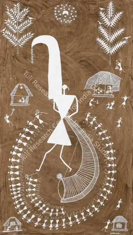 Mashe, Sadashiv (Artist). Untitled (Warli Painting). Cow dung and acrylic on canvas, n.d. | Painting | FineArts | 00417268