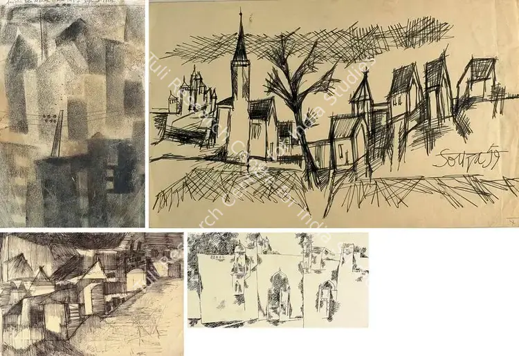 Menon, Anjolie Ela (Artist). Townscape. Charcoal on paper, 1957 (signed in 1997) | Drawing | FineArts | 00371694