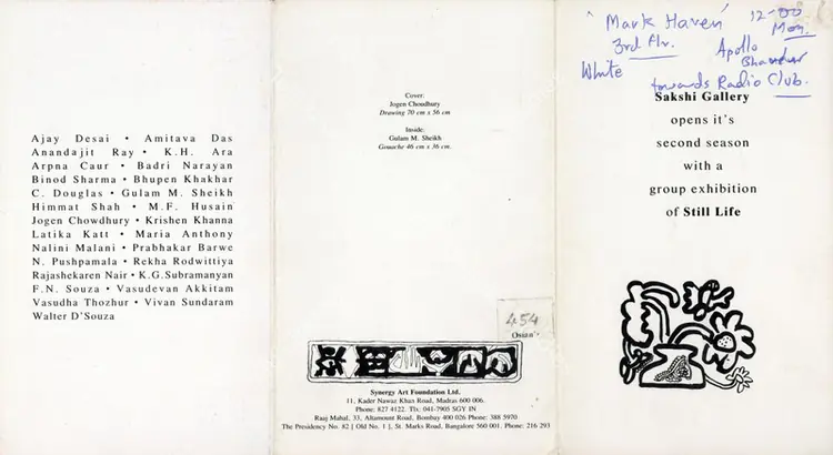 Sakshi Gallery (Organiser). Still Life. Bombay: Sakshi Gallery
Synergy Art Foundation, 1993 | Group Exhibition Invitation | FineArts | 00858801