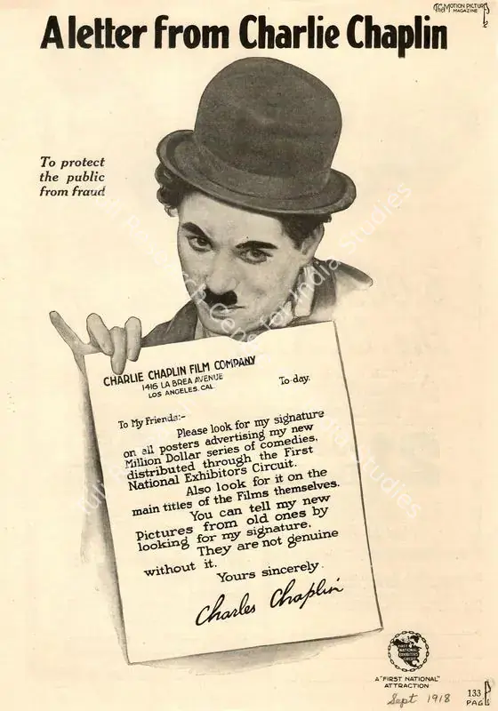 Blackton, J. Stuart (Publisher). Public Announcement by Charlie Chaplin Film Company, September 1918 | Media Clipping | CinemaEducation | 00442038
