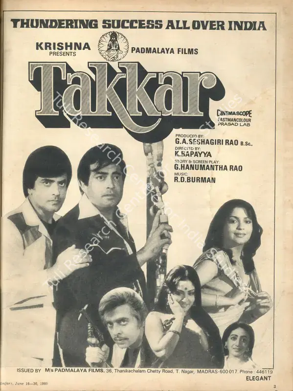Rao, G. A. Seshagiri (Producer), Takkar, 1980 | Advertisement, Filmfare, 16 June 1980 | CinemaEducation | 00791608