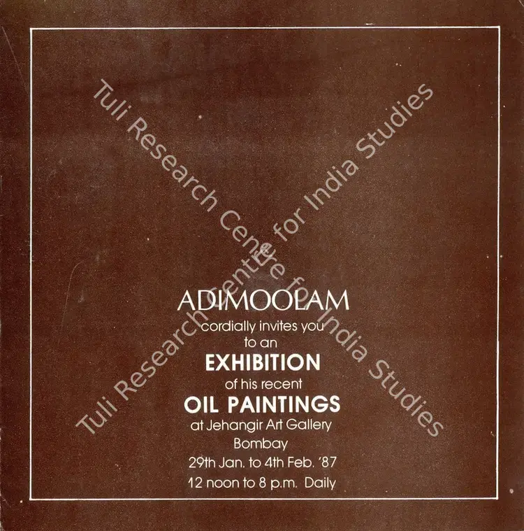 Adimoolam, K.M. (Artist). An Exhibition of his recent Oil Paintings. Bombay: Jehangir Art Gallery, 1987 | Solo Exhibition Invitation | FineArts | 00859816