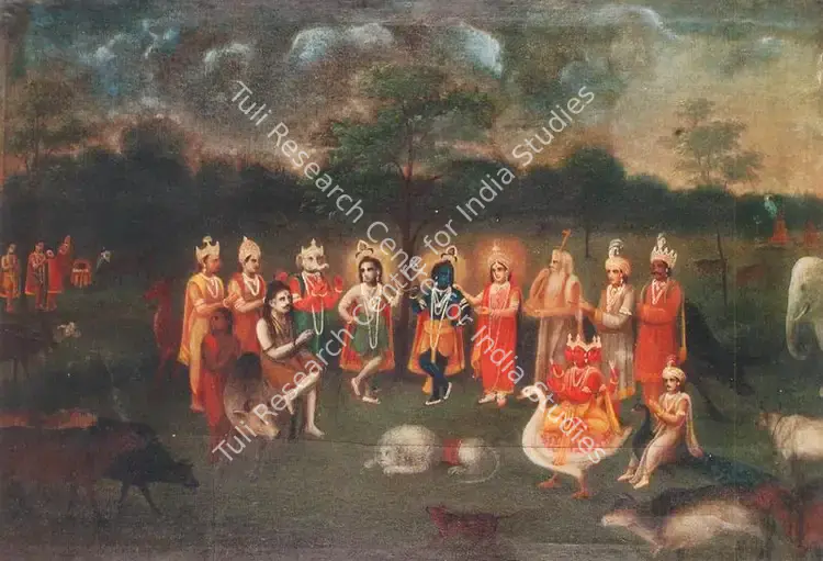 Bengal School (Artist). Krishna being fed by Jasoda in the presence of the Gods. Oil on canvas, c.1910 | Painting  | 00877775
