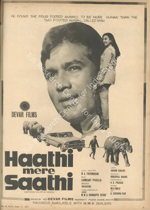Devar, Sandow M. M. A. Chinnappa (Producer), Haathi Mere Saathi, 1971 | Advertisement, Star & Style, 11 June 1971 | CinemaEducation | 00791801