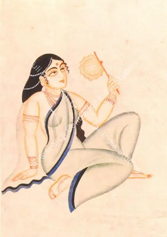 Kalighat School (Artist). A Courtesan holding a Fan. Gouache on paper, laid down on card, early 20th century | Painting  | 00877762