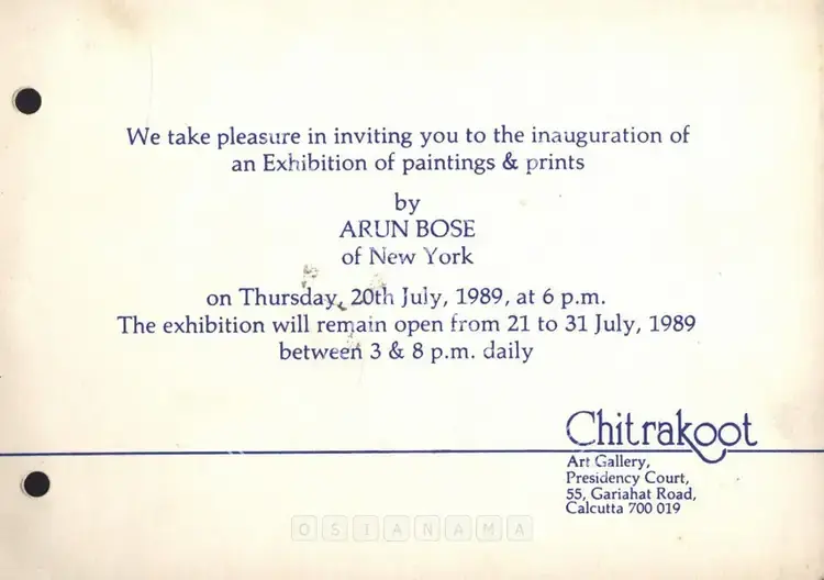Bose, Arun (Artist). Arun Bose. Calcutta: Chitrakoot Art Gallery, 1989 | Solo Exhibition Invitation | FineArts | 00858933