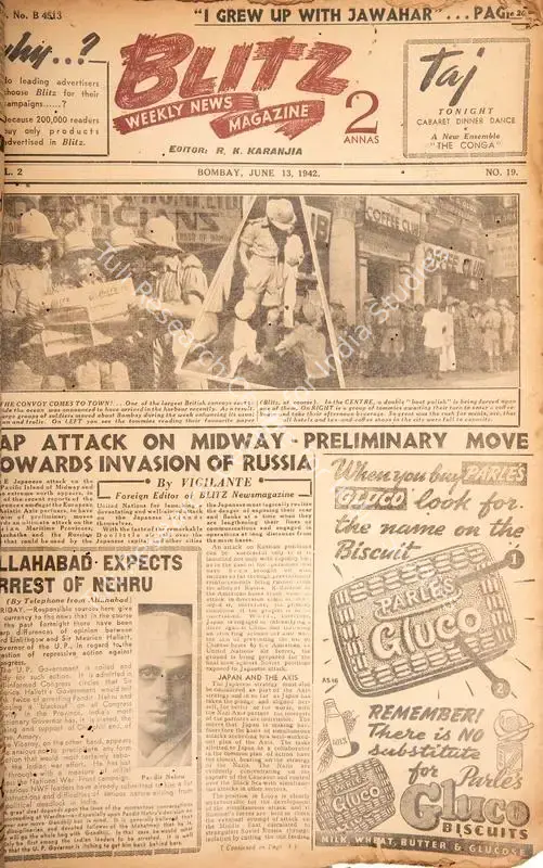 Karanjia, R.K. (Editor). Blitz - Weekly News Magazine. Bombay: R.K. Karanjia, 13 June 1942 | Magazine | CinemaEducation | 00796731
