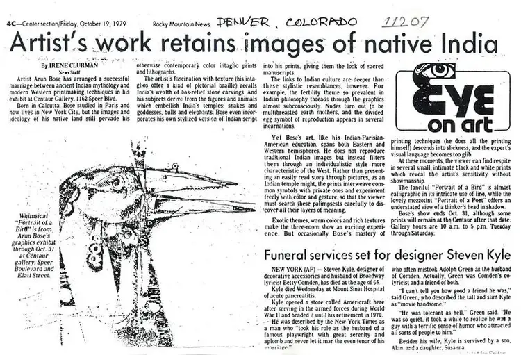 Clurman, Irene (Writer). Artist's Worl Retains Images Of Native India - Funeral Services Set For Designer Steven kyle. Rocky Mountain News, 19 October 1979 | Newspaper clipping | FineArts | 00635224