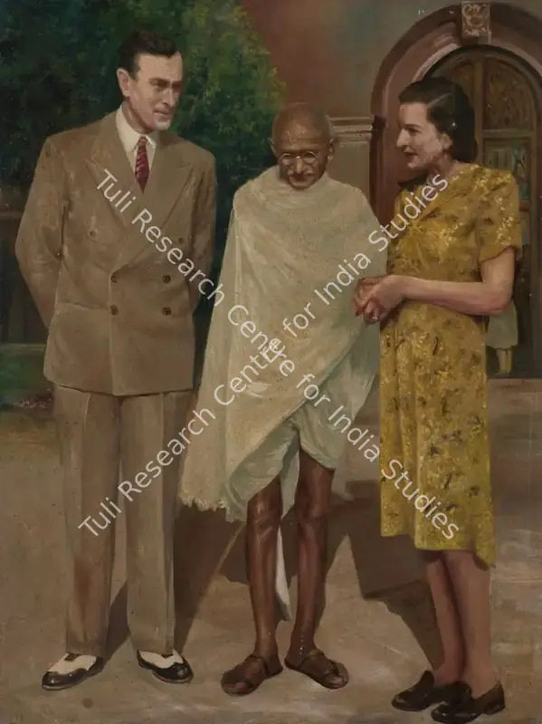 Khosa, Somnath (Artist). Gandhiji with Lord and Lady Mountbatten. Oil on board, c.1959 | Painting | FineArts | 00357672