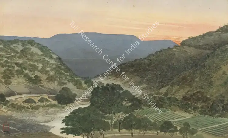 Dugar, Indra (Artist). Dawn over Ajanta Hills. Wash on sandiss paper, 1970 | Painting | EconomicsArt | 00871913