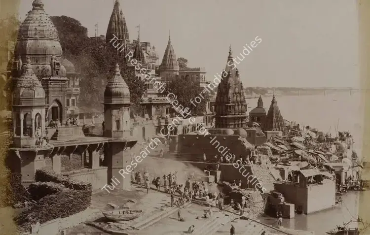 Bourne, Samuel (Photographer). The Burning Ghat - Benares - From the album 'India Ceylon and Egypt 1901-1902'. Albumen Print pasted on mount, c.1865-1866 | Antiquarian Photograph | Photography | 00115490