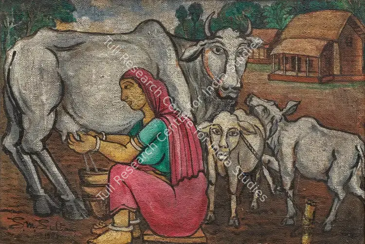 Sultan, Sheikh Mohammed (Artist). Untitled (Farmerette milking a cow with calves). Oil on jute, 1983 | Painting | FineArts | 00356633
