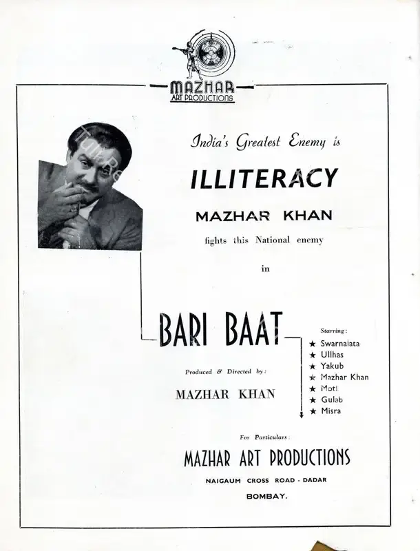 Khan, Mazhar (Producer), Bari Baat, 1944 | Advertisement, Filmindia, May 1944 | CinemaEducation | 00858697