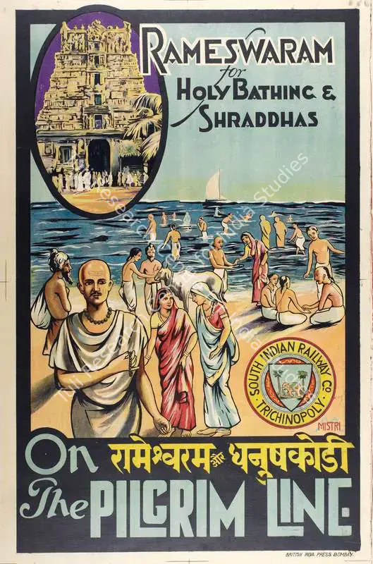Mistri, After M. (Artist). Rameswaram and Dhanushkodi on the Pilgrim Line-(for holy Bathing and Shraddhas). Lithographic print on paper | Travel Publicity Related Art & Poster | PopCulture | 00092915