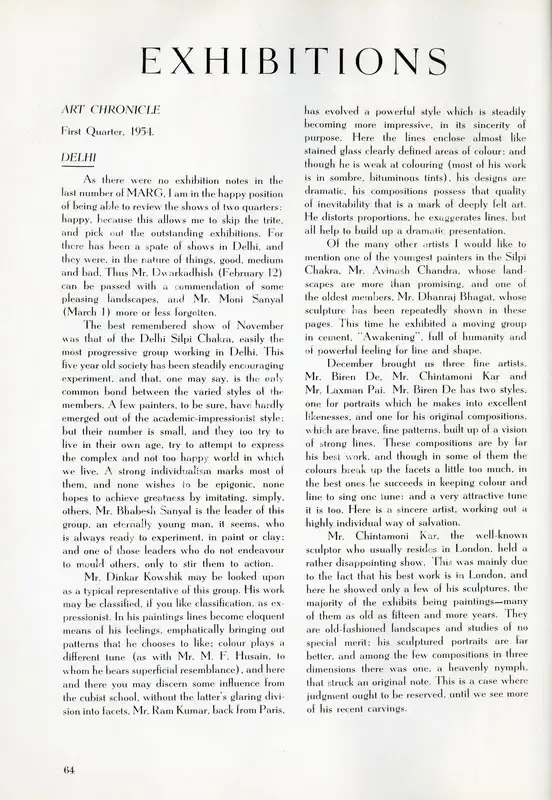F, C.L. (Essayist). Exhibitions - Delhi. In <i>Marg.</i> 7(2), pp. 64-66. Bombay: Marg, March 1954 | Essay | FineArts | 00668824