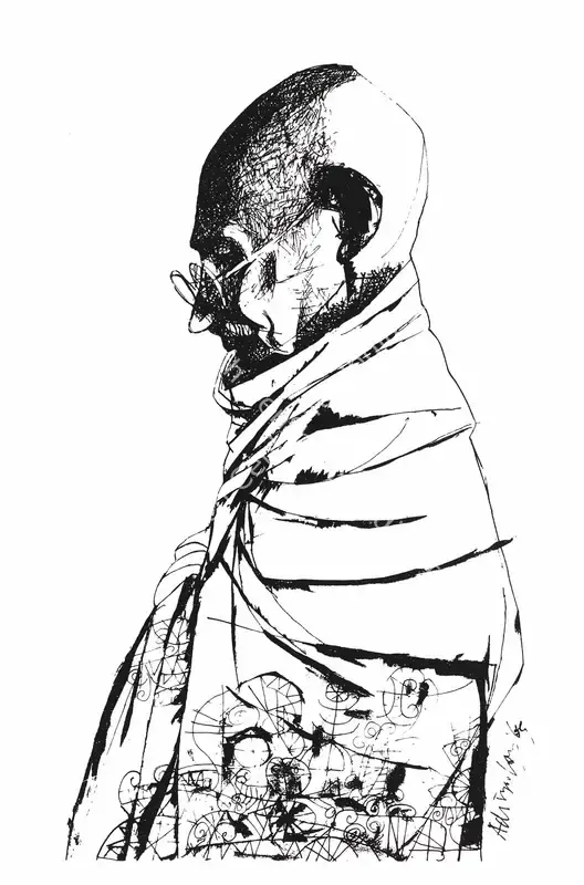 Adimoolam, K.M. (Artist). Gandhiji. Watercolour with pen and ink on paper, 1969 | Painting | FineArts | 0023387