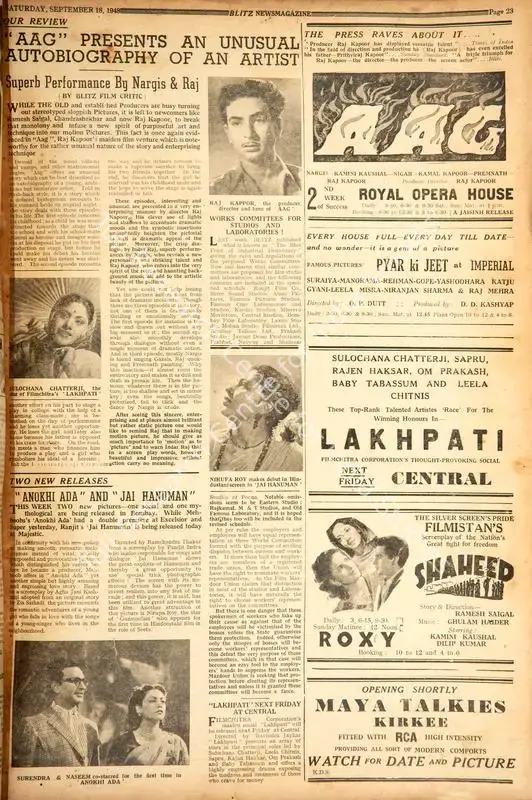 "Aag" Presents an Unusual Atobiography of an Artist. In <i>Blitz - Asia's Foremost News Magazine.</i> p. 23. Bombay: R.K. Karanjia, 18 September 1948 | Film Review | CinemaEducation | 00143661
