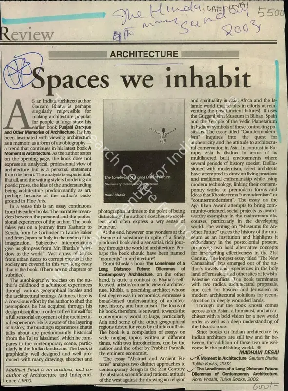 Desai, Madhavi (Writer). Spaces We Inhabit. Chennai: The Hindu, 04 May 2003 | Newspaper Clipping | ArcHeritage | 00851409