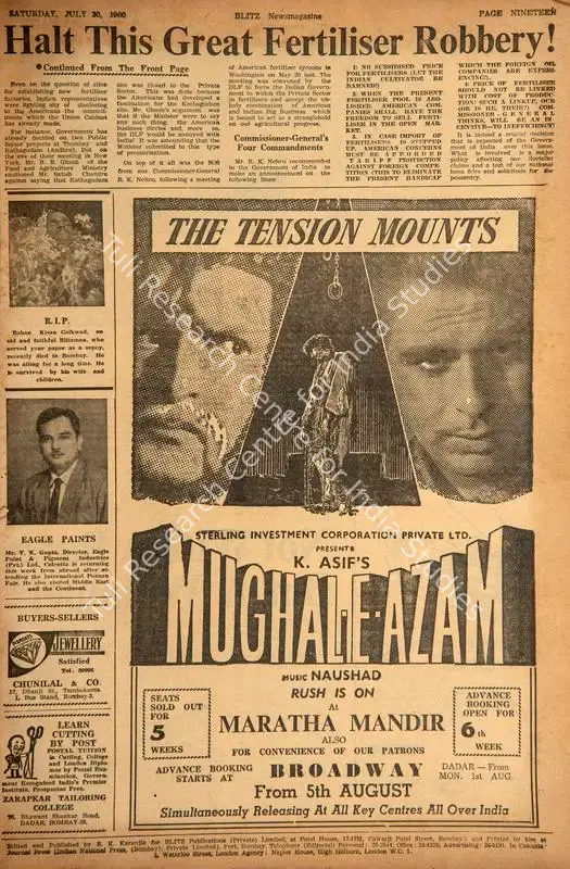 Mughal-E-Azam . In <i>Blitz - India's Greatest Weekly.</i> p. 19. Bombay: R.K. Karanjia, 30 July 1960 | Film Review | CinemaEducation | 00142633
