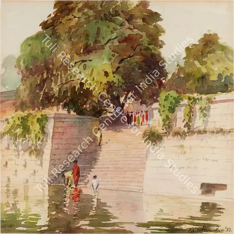 Paniker, K.C.S. (Artist). Thiruparan Kundram Bathing Ghat. Watercolour and pencil on paper, 1937 | Painting | FineArts | 00416517