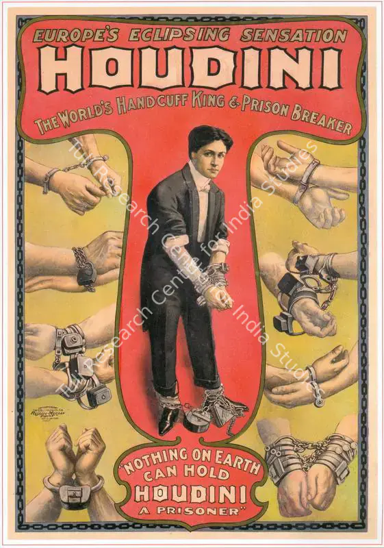 Houdini, Harry (Magician). Houdini. Europe's Eclipsing Sensation. The World's Hadcuff King-Nothing on Earth Can Hold Houdini a Prisoner. Colour Lithograph, linen-backed | Magic Publicity Art & Memorabilia | PopCulture | 00092293