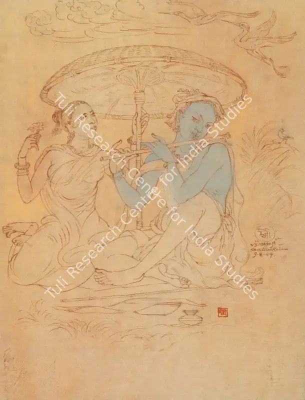 Masoji, V.S. (Artist). Radha & Krishna. Tempera on silk pasted on cardboard, 1949 | Painting  | 00880779