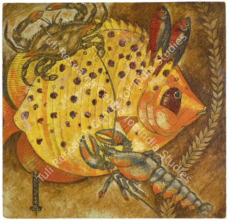 Almelkar, A.A. (Artist). Untitled (Marine Life). Ink and oil on paper board, 1956 | Painting  | 00866489