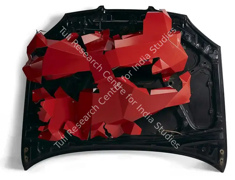 Waqif, Asim (Artist). Collapse Analysis: Idlib. Aluminium composite panel worked on with a CNC router, folded by hand and mounted on a bonnet from a Chevrolet Optra; Edition Unique, 2019 | Sculpture | FineArts | 00547321