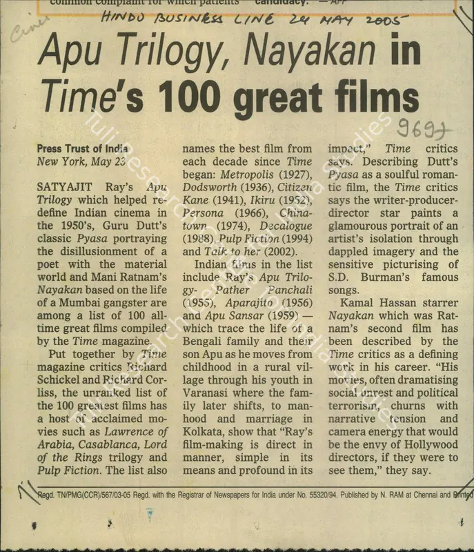 Apu Trilogy, Nayakan in Time's 100 Great Films. The Hindu, 24 May 2005 | Newspaper Clipping | CinemaEducation | 00856593