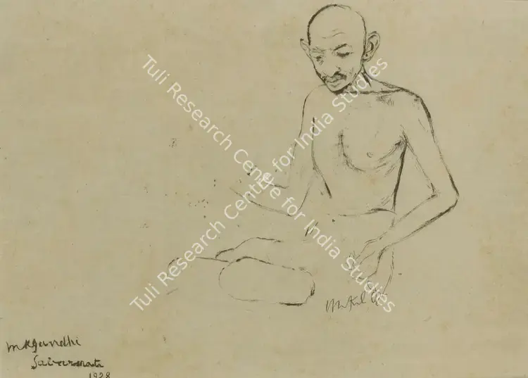 Dey, Mukul (Artist). MK Gandhi, Sabarmati. Ink and watercolour on paper, 1928 | Drawing | FineArts | 00337323