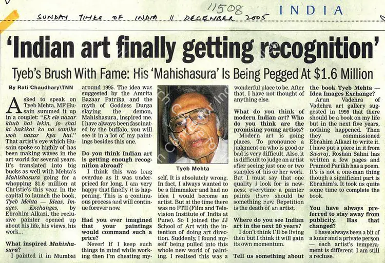 Chaudhary, Rati (Writer). Indian Art Finally Getting Recognition' - Tyeb's Brus With Fame: His 'Mahishasura' Is Being Pegged At $1.6 Million. The Times of India, 11 December 2005 | Newspaper clipping | FineArts | 00635299