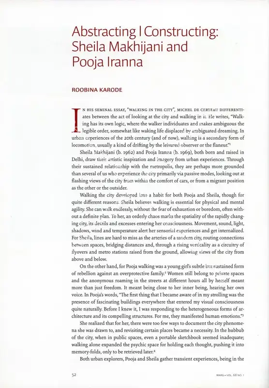 Karode, Roobina (Essayist). Abstracting Constructing - Sheila Makhijani and Pooja Iranna. In <i>Marg - In Focus- Abstraction.</i> 68(1), pp. 52-63. Mumbai: Radhika Sabavala, September - December 2016 | Essay | FineArts | 00669091